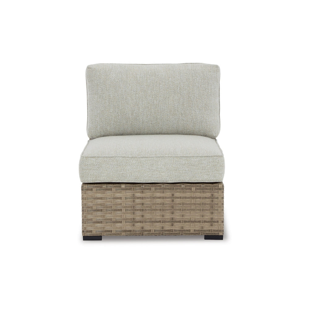 Walter 34 Inch Outdoor Armless Chair Set of 2, Wicker, Beige Fabric Cushion By Casagear Home