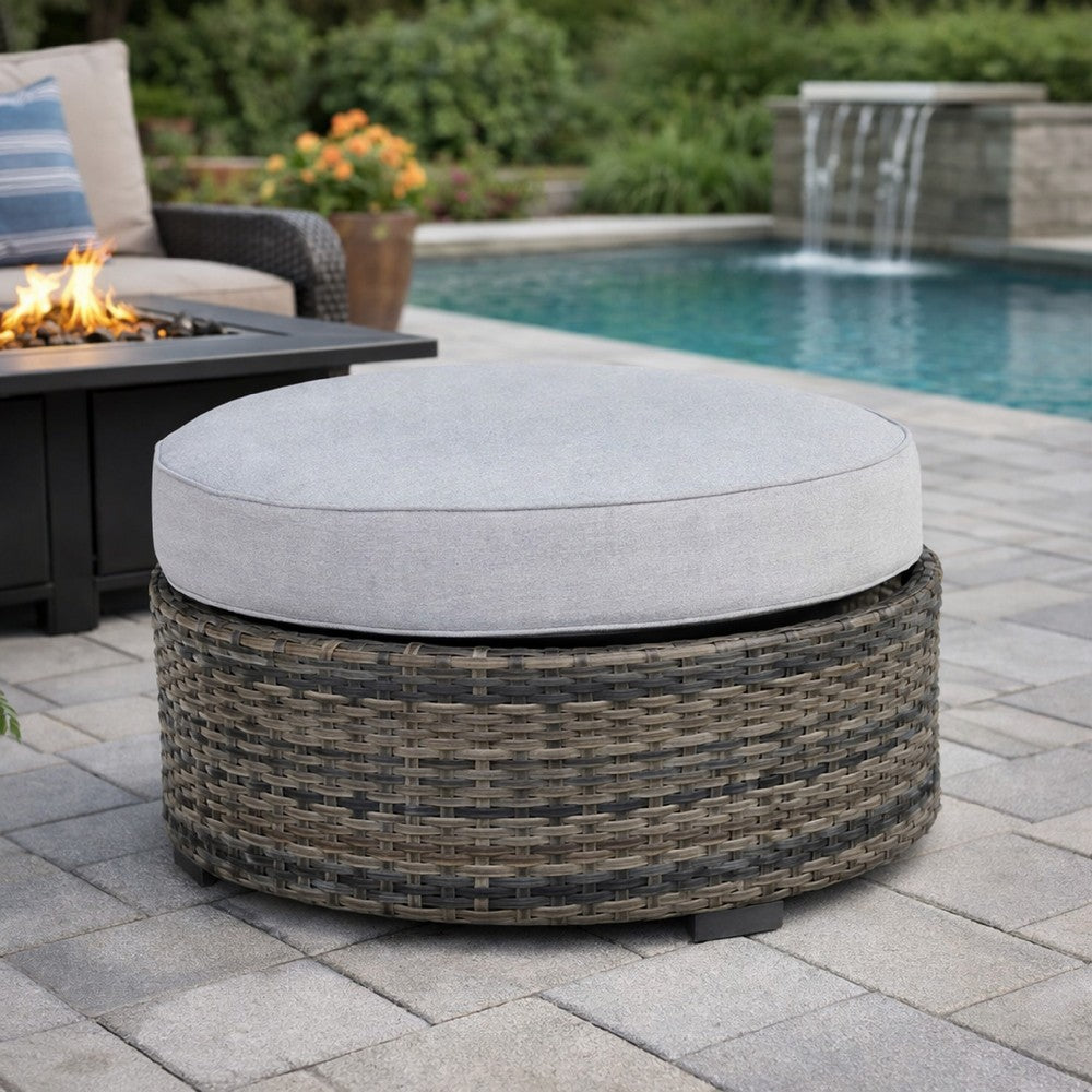 Ashley Saki 32" Outdoor Ottoman, Round Cushion, Wicker, Gray Fabric