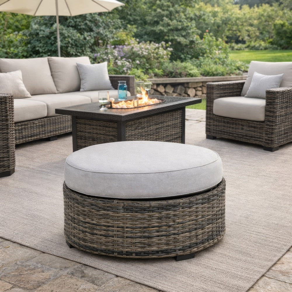 Ashley Saki 32" Outdoor Ottoman, Round Cushion, Wicker, Gray Fabric
