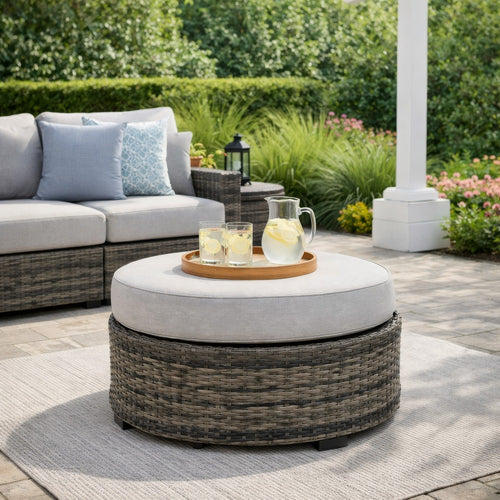 Ashley Saki 32" Outdoor Ottoman, Round Cushion, Wicker, Gray Fabric