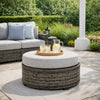 Ashley Saki 32" Outdoor Ottoman, Round Cushion, Wicker, Gray Fabric