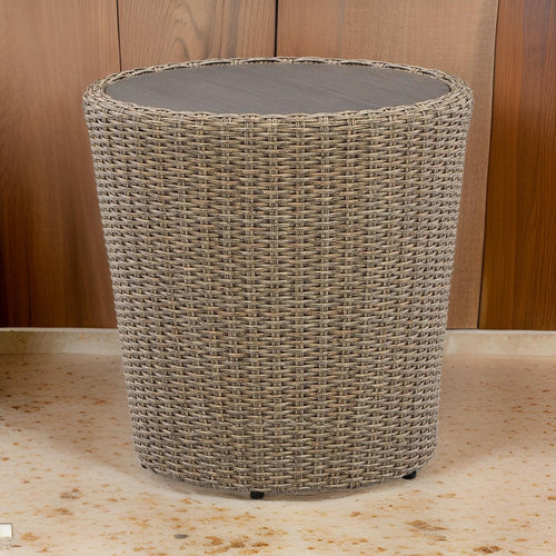 Ashley 22" Outdoor End Table, Handwoven Resin Wicker, Beige Brown