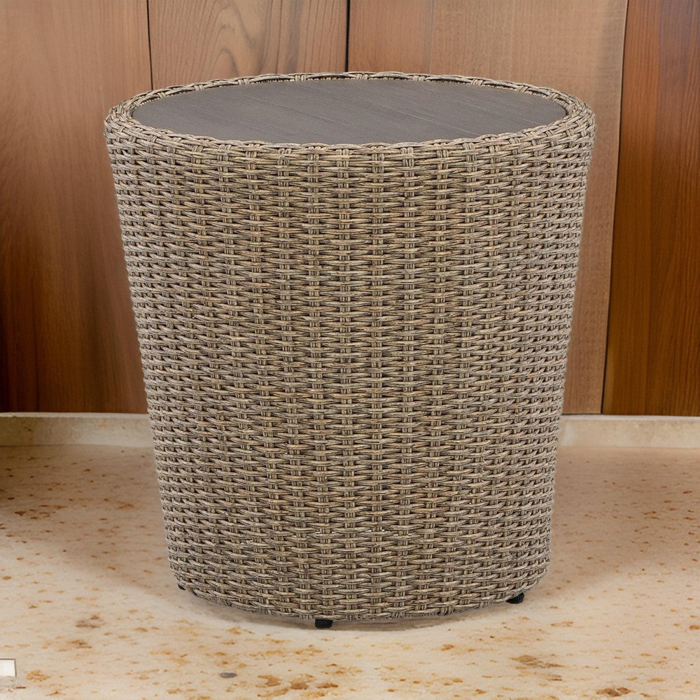 Ashley 22" Outdoor End Table, Handwoven Resin Wicker, Beige Brown