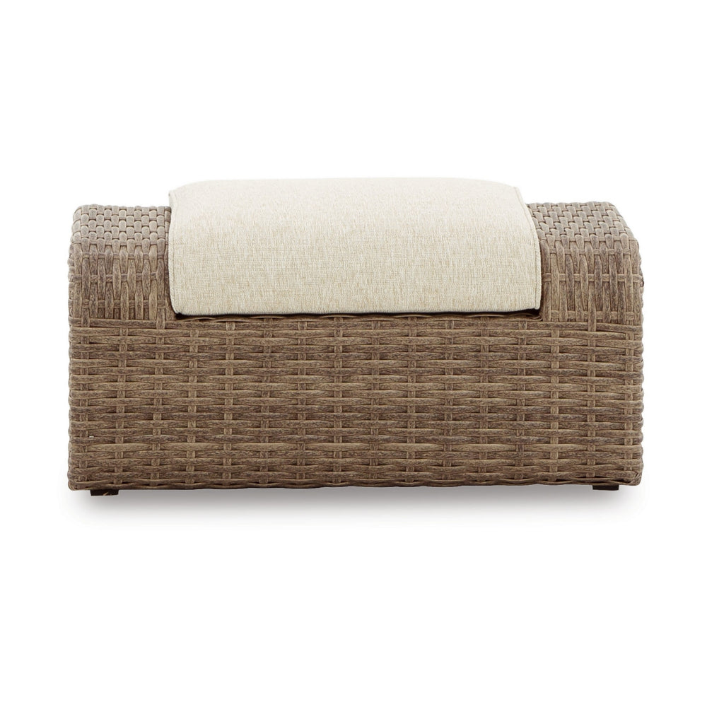 Julia 38 Inch Outdoor Ottoman with Cushion, Resin Wicker, Beige Fabric By Casagear Home