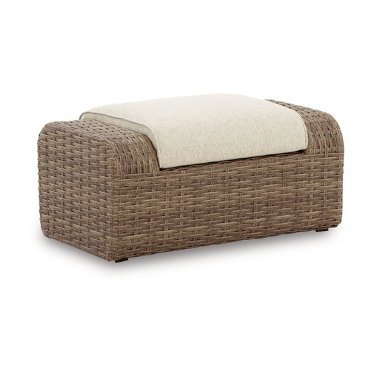 Julia 38 Inch Outdoor Ottoman with Cushion, Resin Wicker, Beige Fabric By Casagear Home