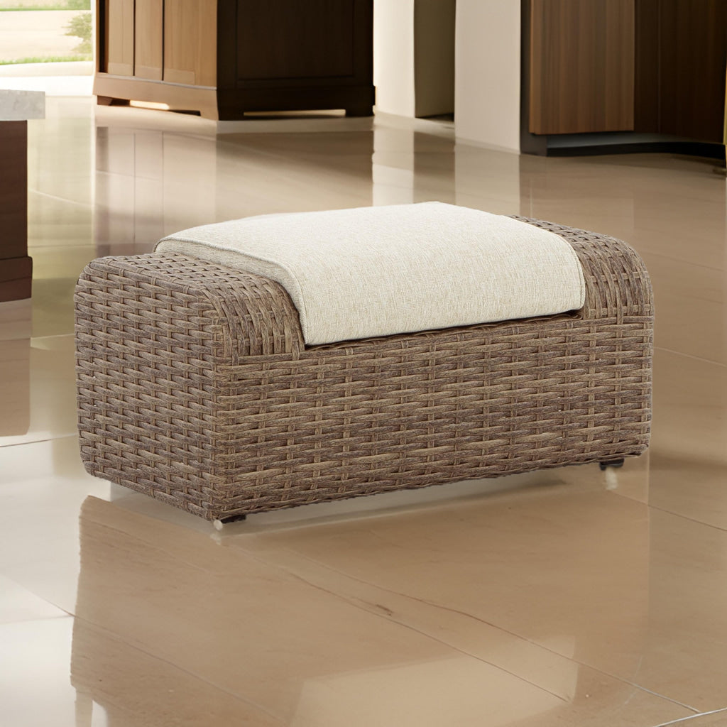 Julia 38 Inch Outdoor Ottoman with Cushion, Resin Wicker, Beige Fabric By Casagear Home