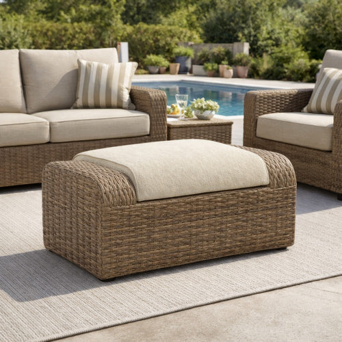 Ashley Julia 38" Outdoor Ottoman, Resin Wicker, Beige Fabric