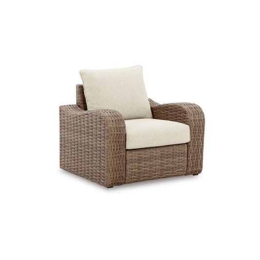 Julia 38 Inch Outdoor Chair, Cushion, Handwoven Resin Wicker, Beige Fabric By Casagear Home