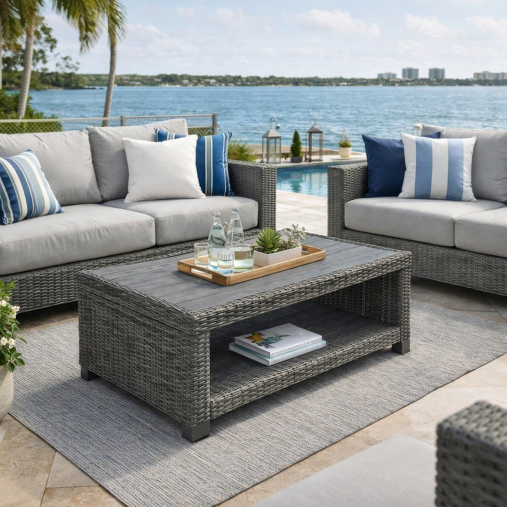 Ashley Ellie 50" Outdoor Coffee Table, Shelf, Gray Wicker, Metal