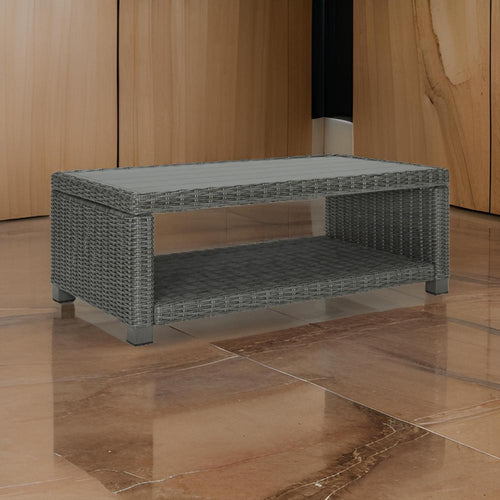 Ashley Ellie 50" Outdoor Coffee Table, Shelf, Gray Wicker, Metal