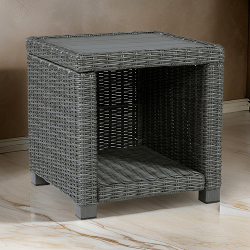 Ashley Ellie 23" Outdoor End Table, Lower Shelf, Gray Resin Wicker