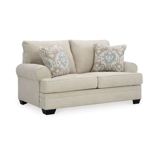 Zen 72 Inch Loveseat with 2 Throw Pillows, Rolled Arms, Beige Polyester By Casagear Home