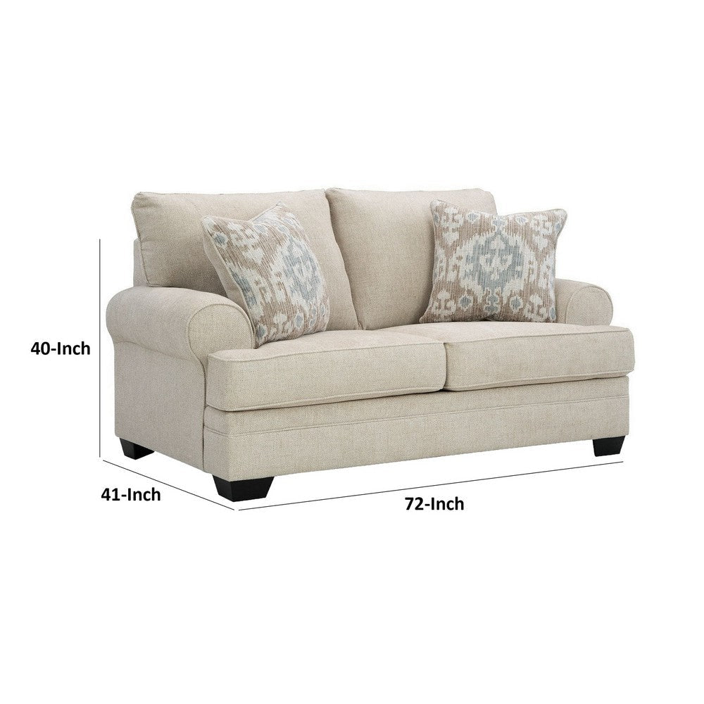 Zen 72 Inch Loveseat with 2 Throw Pillows Rolled Arms Beige Polyester By Casagear Home BM313452