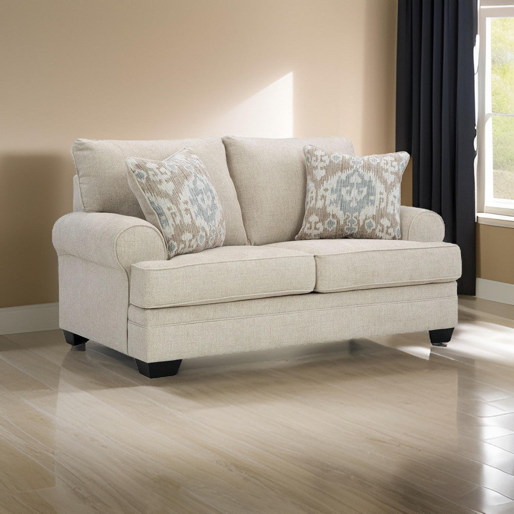 Zen 72 Inch Loveseat with 2 Throw Pillows Rolled Arms Beige Polyester By Casagear Home BM313452