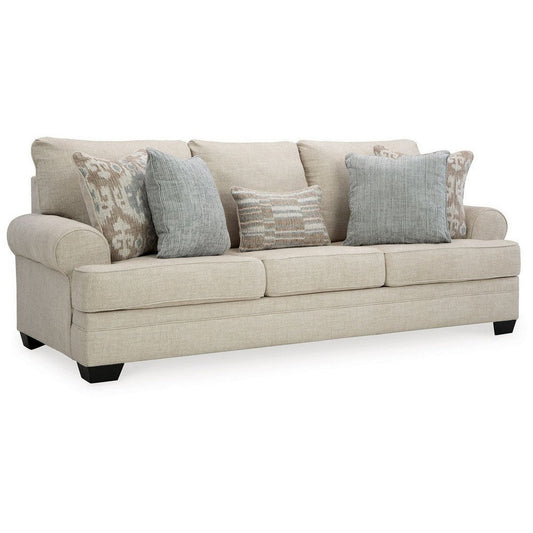 Zen 98 Inch Sofa with 5 Accent Throw Pillows, Rolled Arms, Beige Polyester By Casagear Home