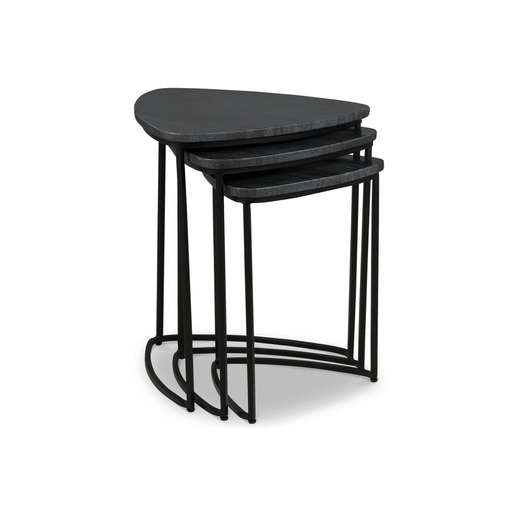 Set of 3 Nesting Accent Tables Triangular Marble Top Metal Base Black By Casagear Home BM313462