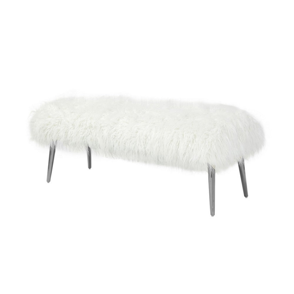 Ammy 45 Inch Bench with Foam Fill Seat White Faux Fur Silver Metal Legs By Casagear Home BM313473