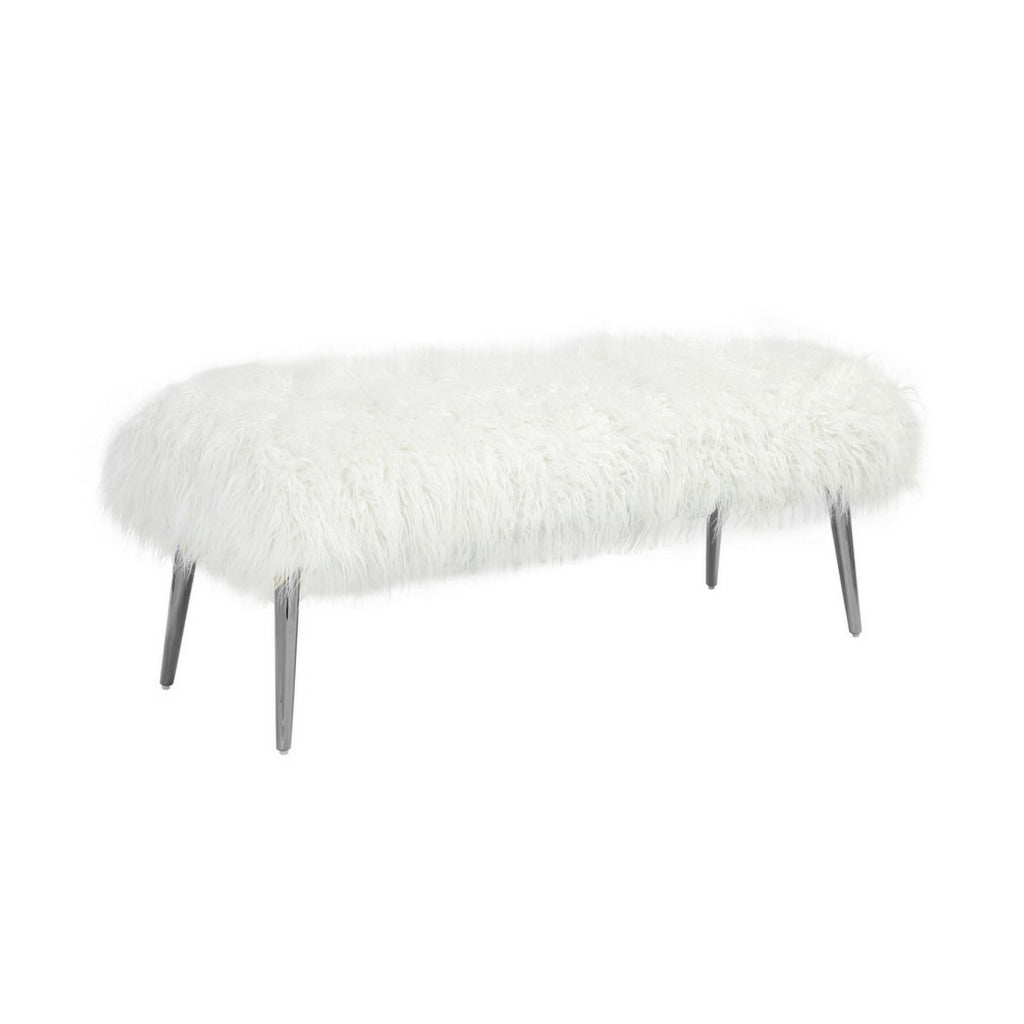 Ammy 45 Inch Bench with Foam Fill Seat White Faux Fur Silver Metal Legs By Casagear Home BM313473