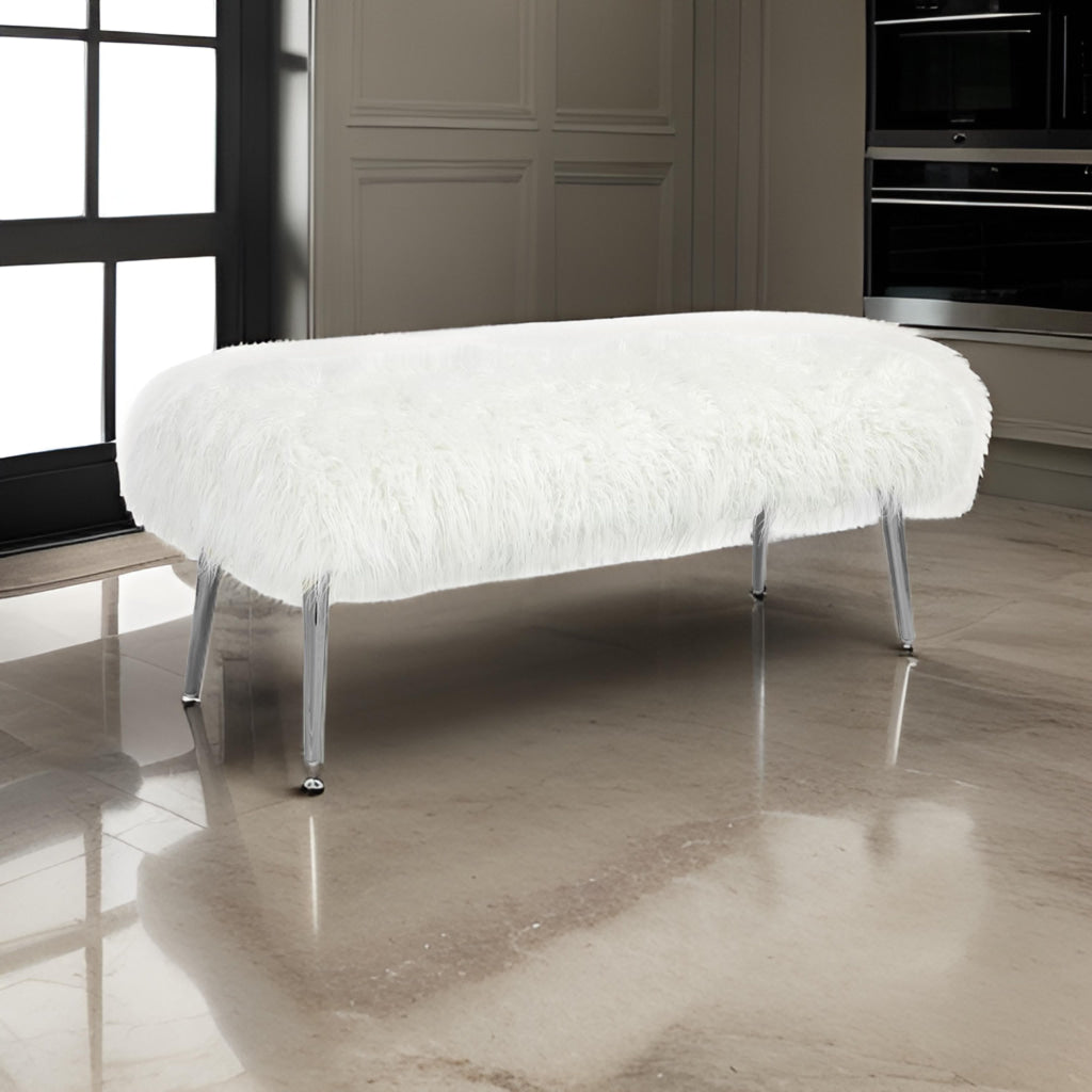 Ammy 45 Inch Bench with Foam Fill Seat, White Faux Fur, Silver Metal Legs By Casagear Home