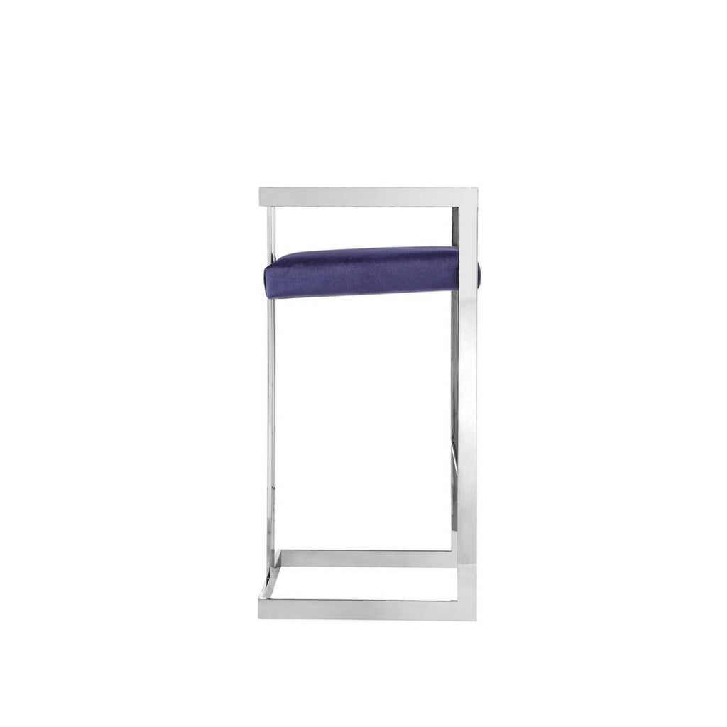 Suki 30 Inch Cantilever Barstool Chair Foam Navy Blue Velvet Silver Frame By Casagear Home BM313490