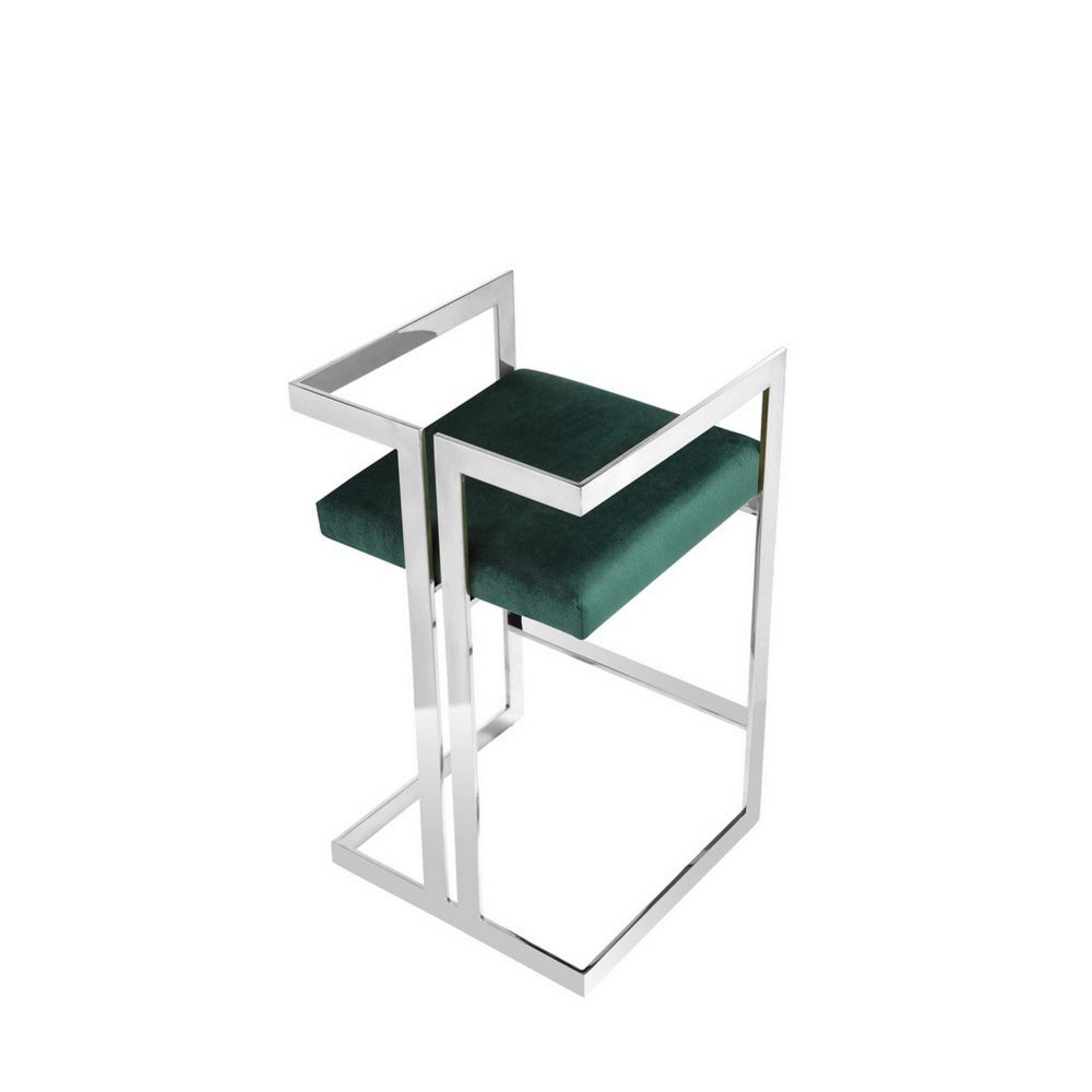 Suki 24 Inch Cantilever Counter Stool Chair, Green Velvet and Silver Frame By Casagear Home