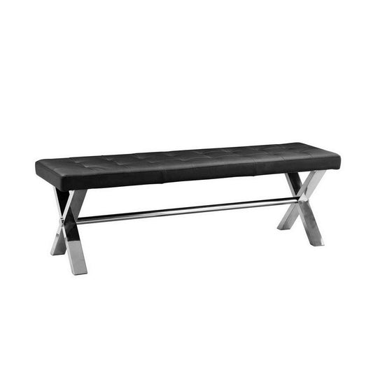 55 Inch Bench, Tufted Cushioned Seat, Smooth Black Faux Leather Upholstery By Casagear Home