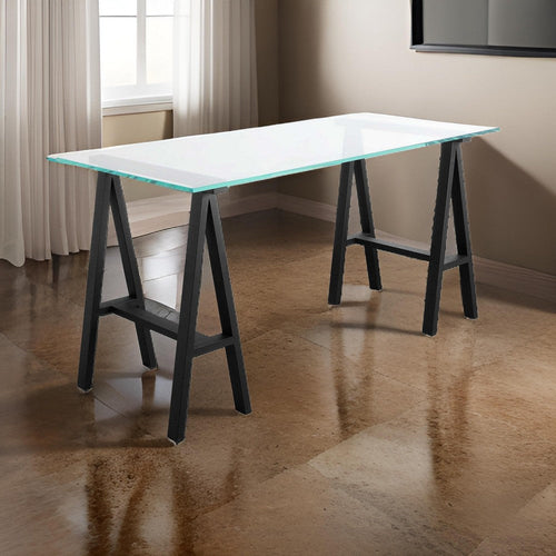 Rani 55 Inch Office Desk, Tempered Glass Top, Modern Black Steel Frame By Casagear Home