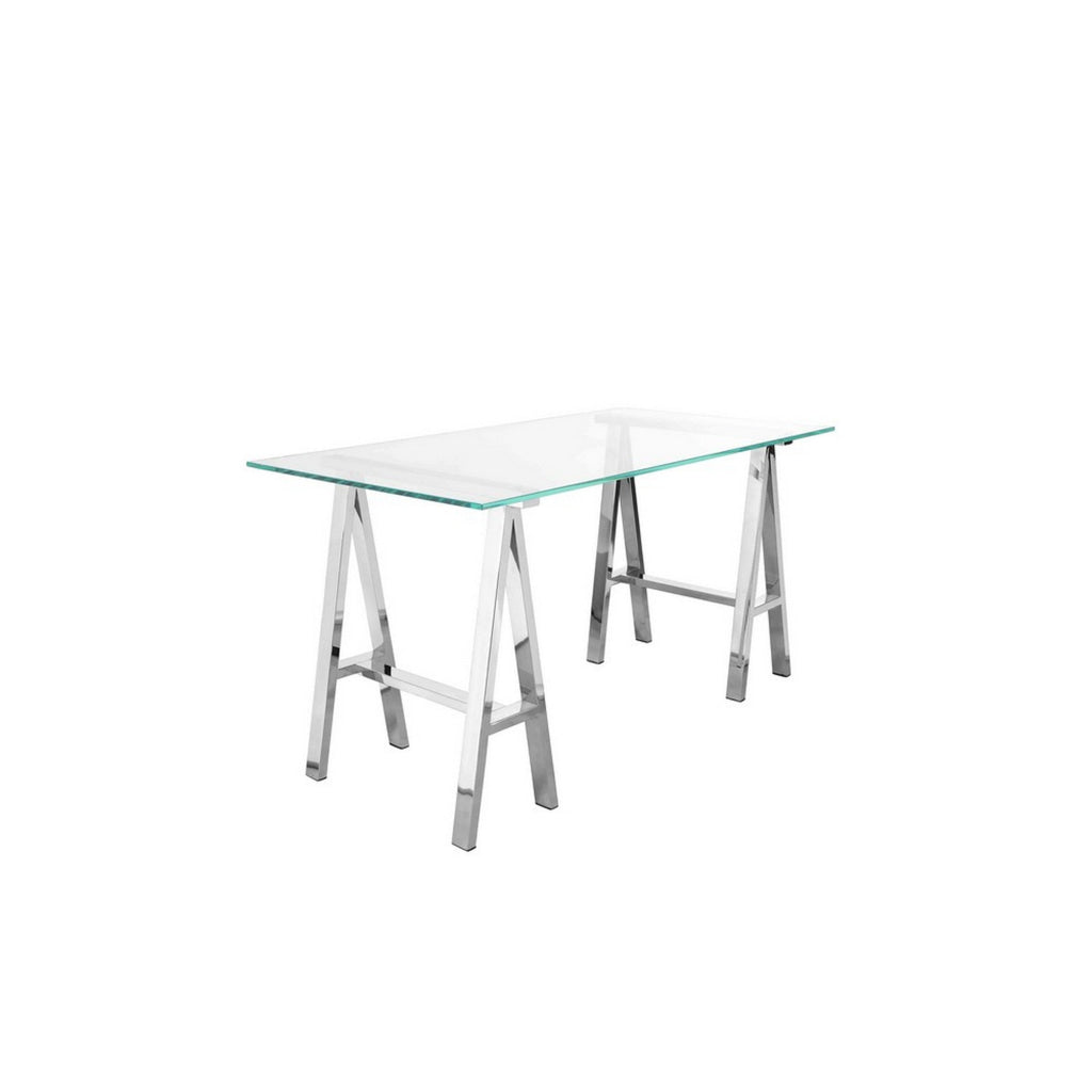 Rani 55 Inch Office Desk Tempered Glass Top Modern Chrome Steel Frame By Casagear Home BM313498