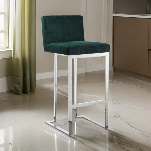 Boly 30 Inch Barstool Chair, Green Velvet Cushion, Silver Cantilever Base
 By Casagear Home