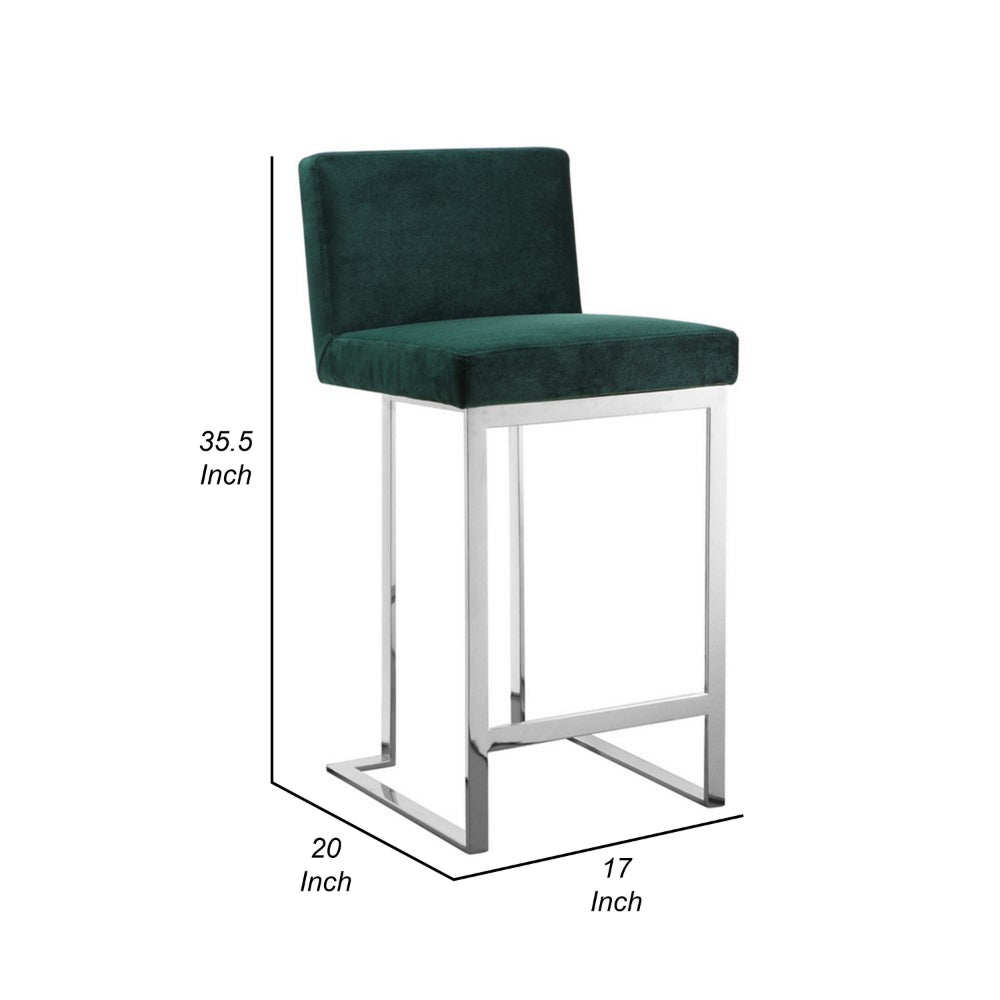 Boly 26 Inch Counter Stool Chair, Green Velvet, Silver Cantilever Base
 By Casagear Home