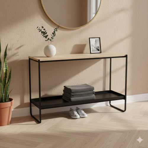 Evon 39 Inch Console Table, Natural Brown Wood Top and Shelf, Black Metal By Casagear Home