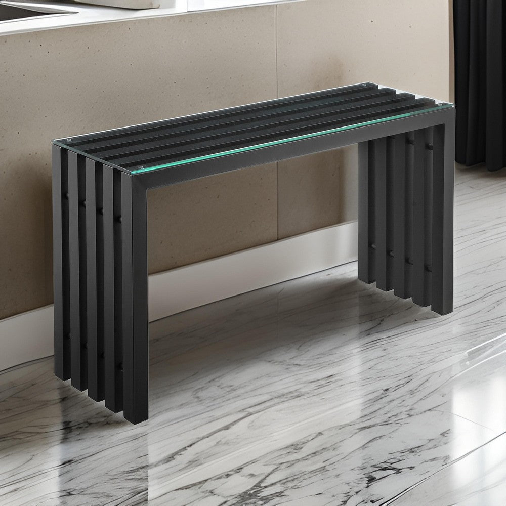 Namo 51 Inch Console Table, Tempered Glass Top, Slatted Black Metal Frame By Casagear Home