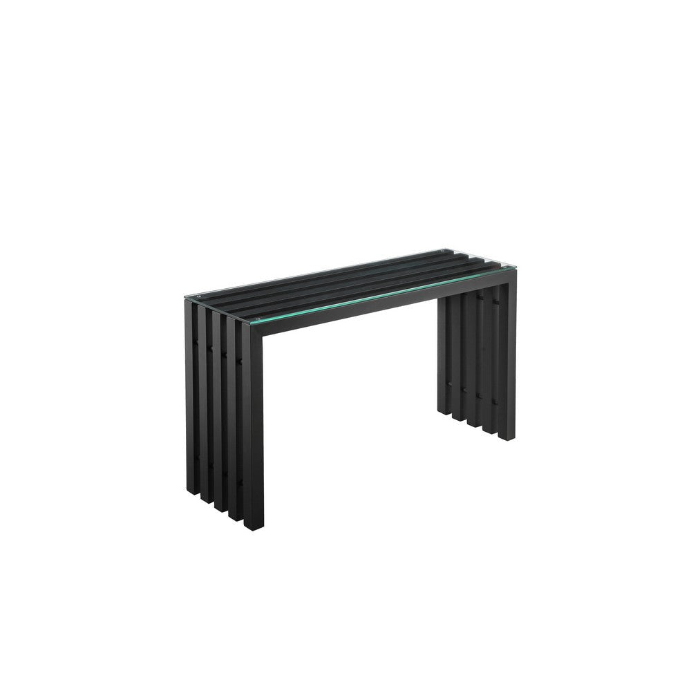 Namo 51 Inch Console Table Tempered Glass Top Slatted Black Metal Frame By Casagear Home BM313521