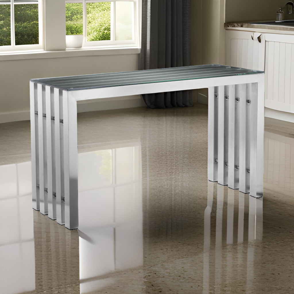 Namo 51 Inch Console Table, Tempered Glass Top, Slatted Silver Metal Frame By Casagear Home