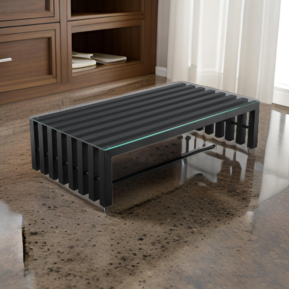 Namo 55 Inch Coffee Table, Tempered Glass Top, Slatted Black Metal Frame