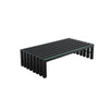 Namo 55 Inch Coffee Table, Tempered Glass Top, Slatted Black Metal Frame