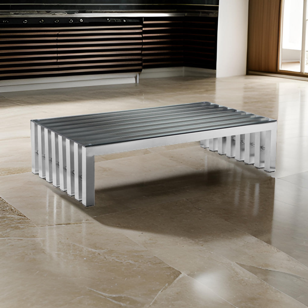 Namo 55 Inch Coffee Table, Tempered Glass Top, Slatted Silver Metal Frame By Casagear Home