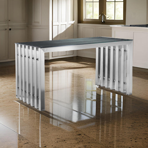 Namo 55 Inch Office Desk, Tempered Glass Top, Slatted Silver Metal Frame By Casagear Home