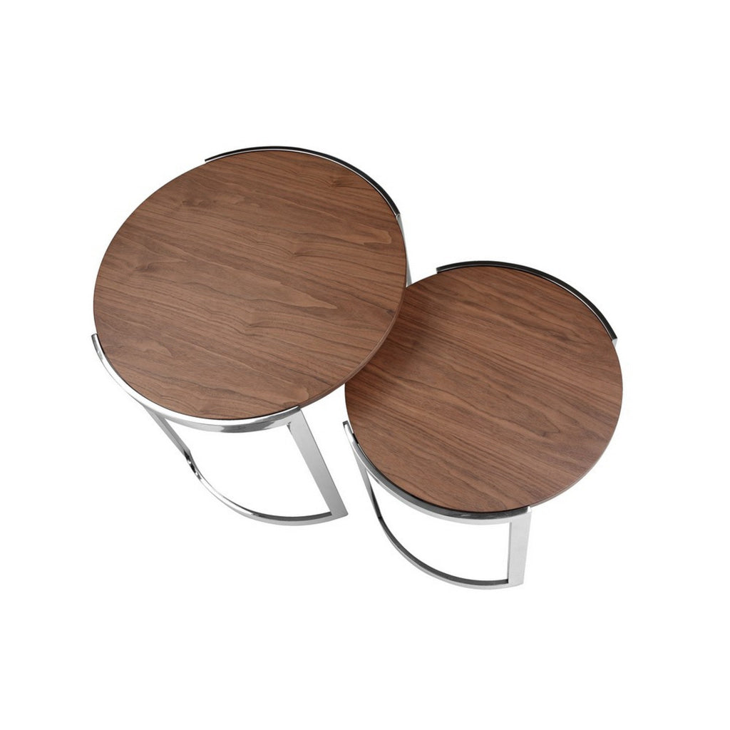 Niyo Set of 2 Nesting Side End Tables Round Brown Solid Wood Tops Silver By Casagear Home BM313531