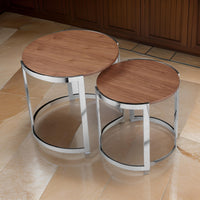Niyo Set of 2 Nesting Side End Tables, Round Brown Solid Wood Tops, Silver By Casagear Home
