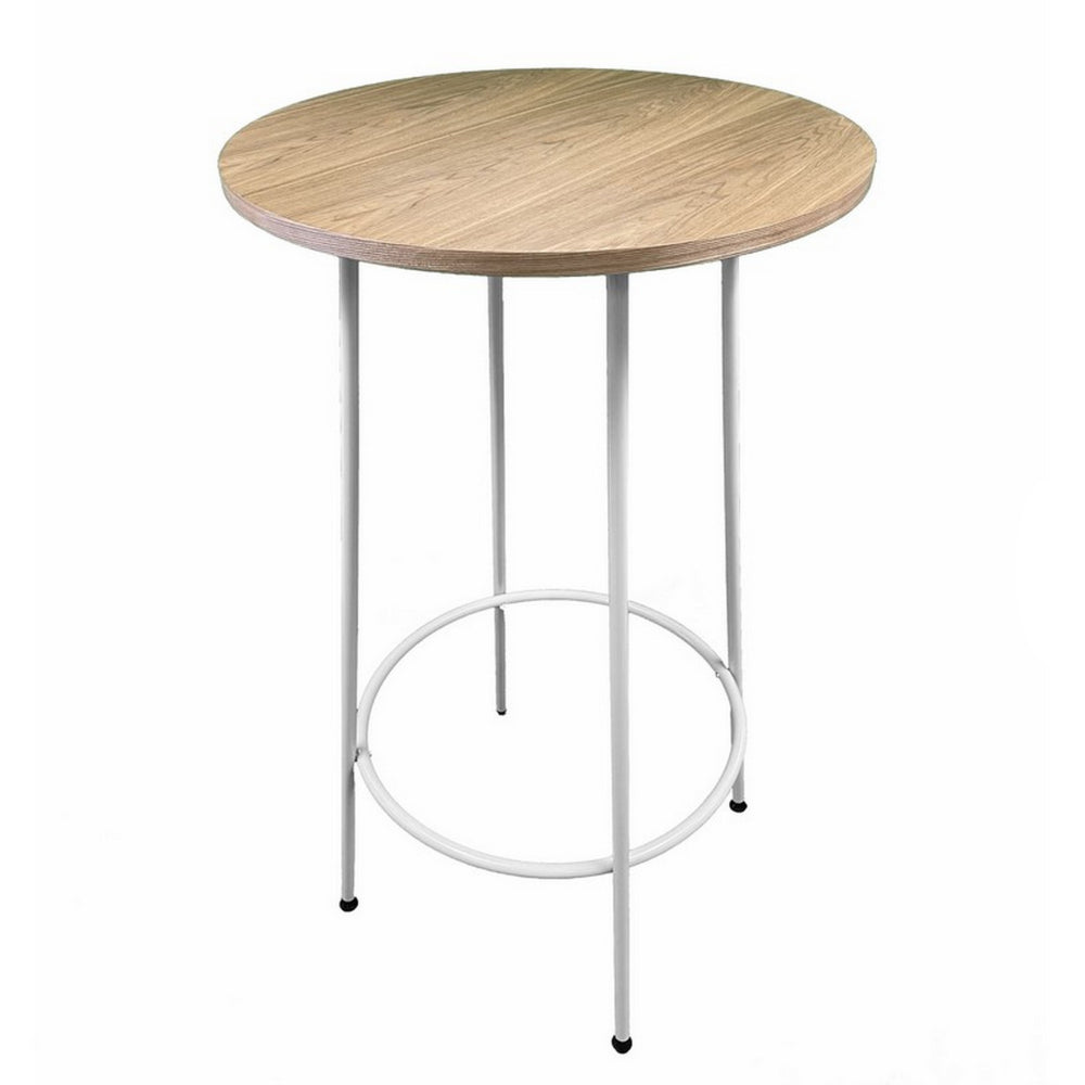 Neni 42 Inch Bar Table, Round Natural Brown Wood Top, Modern White Metal By Casagear Home