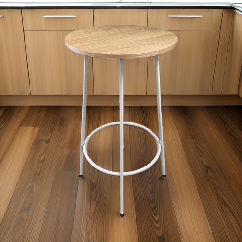 Neni 42 Inch Bar Table, Round Natural Brown Wood Top, Modern White Metal By Casagear Home