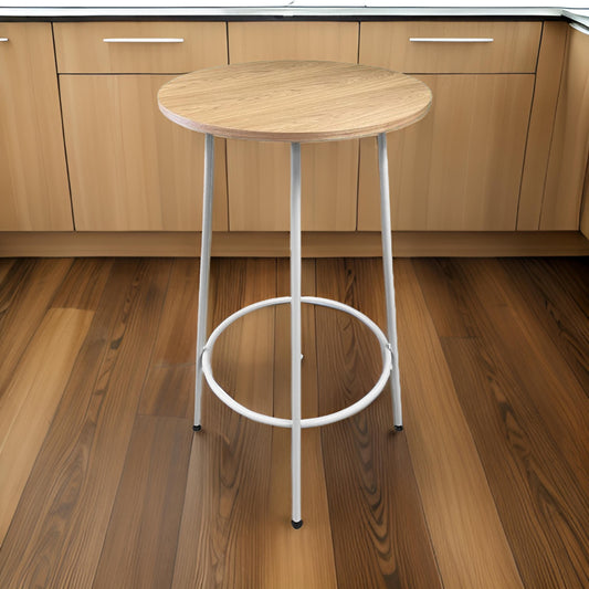 Neni 42 Inch Bar Table, Round Natural Brown Wood Top, Modern White Metal By Casagear Home