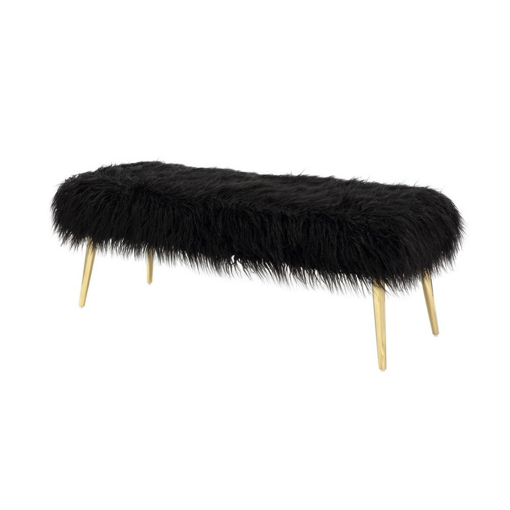 Ammy 45 Inch Bench Black Faux Fur Padded Seat Glam Gold Metal Finish By Casagear Home BM313547