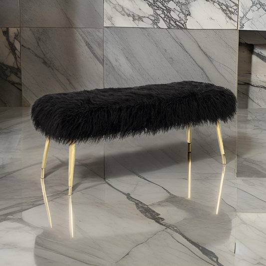 Ammy 45 Inch Bench, Black Faux Fur Padded Seat, Glam Gold Metal Finish By Casagear Home