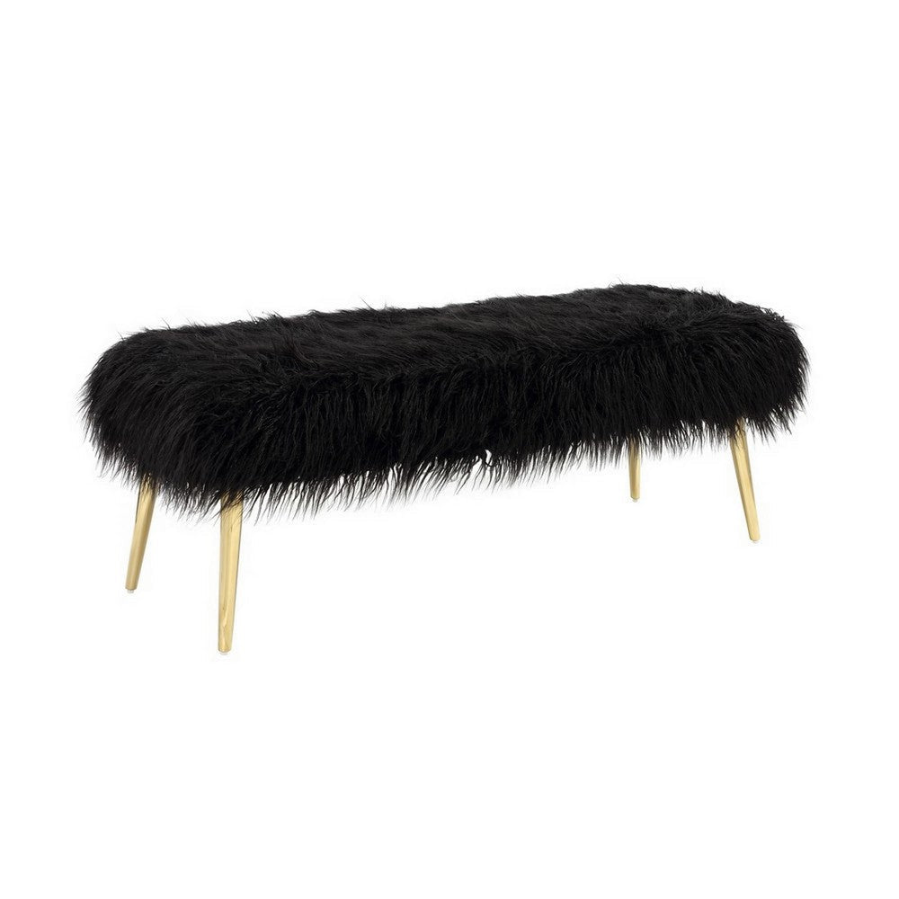 Ammy 45 Inch Bench Black Faux Fur Padded Seat Glam Gold Metal Finish By Casagear Home BM313547