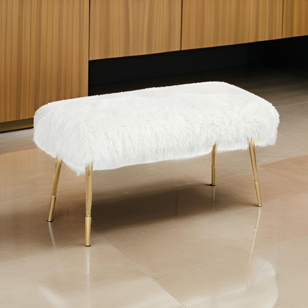 Ammy 45 Inch Bench, White Faux Fur Padded Seat, Glam Gold Metal Finish By Casagear Home