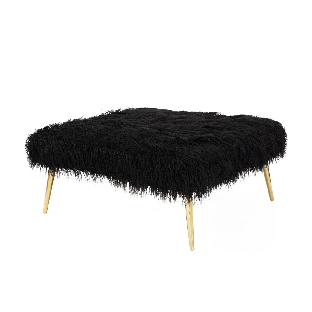 Ammy 36 Inch Ottoman Black Faux Fur Square Padded Seat Gold Metal Finish By Casagear Home BM313549