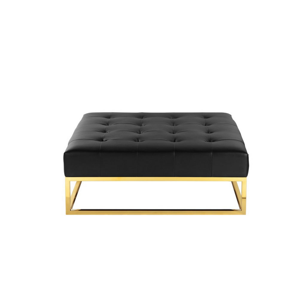 Ipp 40 Inch Ottoman, Button Tufted, Black Faux Leather, Square Padded, Gold By Casagear Home