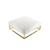 Ipp 40 Inch Ottoman, Button Tufted, White Faux Leather, Square Padded, Gold By Casagear Home